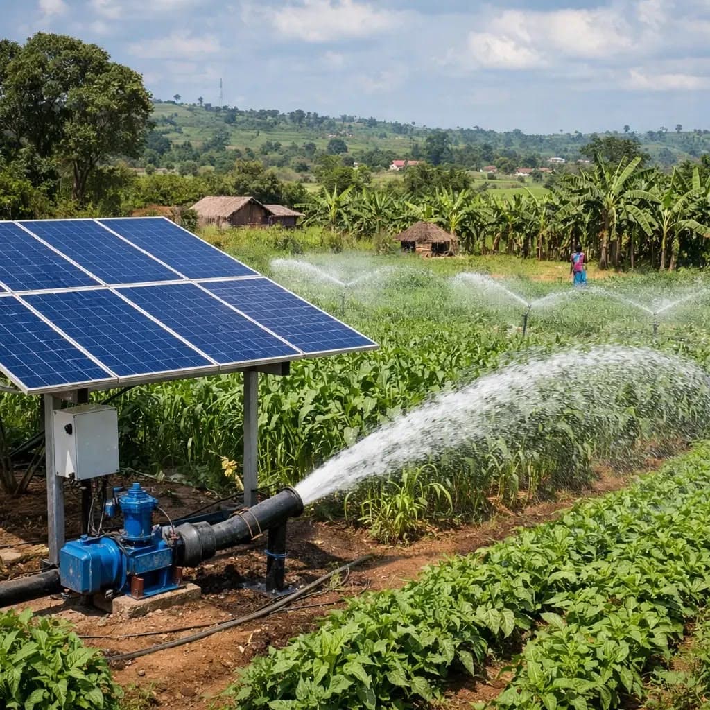Solar-powered water pump installation with storage tank